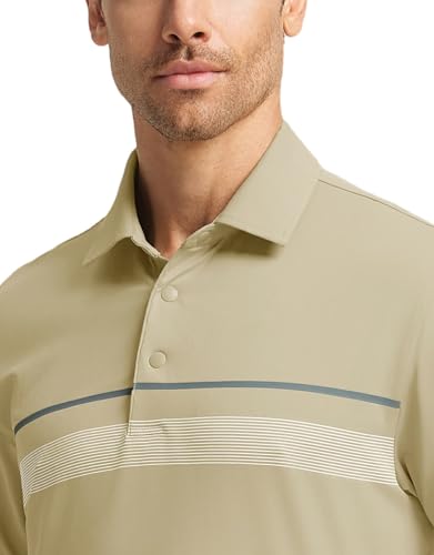 M MAELREG Mens Polo Shirts Short Sleeve Casual Performance Lightweight Striped Print Business Collared Golf Shirts Dark Khaki — view 4