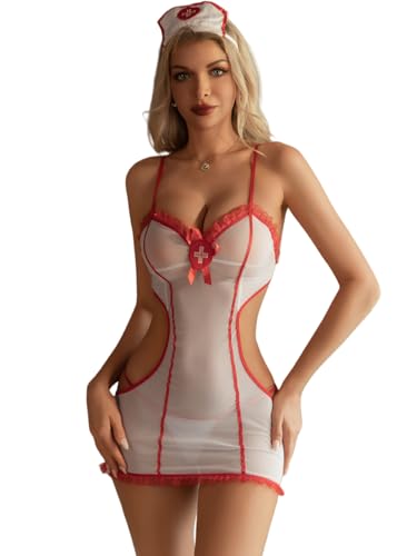 ADSEXY Sexy Lingerie for Women Backless Babydoll Lingerie Dress Nightgown Chemise One Piece White Nurse Outfit