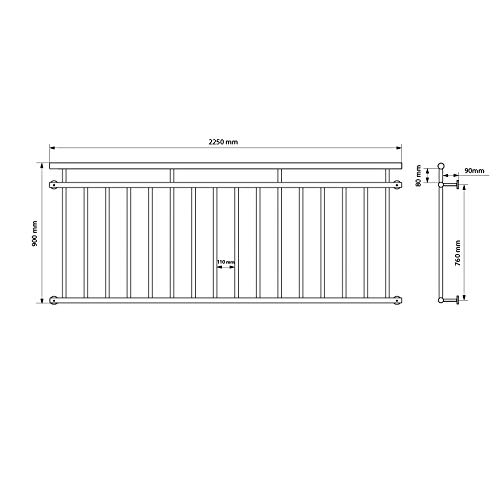 ECD Germany balkon francuski 225 x 90 cm - z 16 pretami wypelniajacymi - czarny - matowy i chropowaty - wykonany ze stali malowanej proszkowo - balustrady balkonowe balustrady balustrady kraty okienne