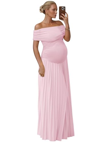 Fivsole Formal Blush Pink Maternity Dresses for Photoshoot Satin Off Shoulder Baby Shower Dresses Maxi Pleated Maternity Gowns for Photography L
