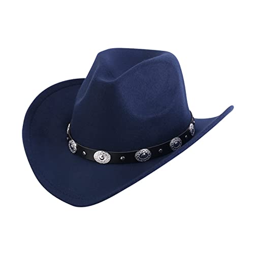 WERTYT Chapeau de Cowboy Western à Large Bord pour Femme et Homme, Chapeau Fedora en Feutre Vintage pour Tous Les Jours, fête, Cosplay, Tenue de Cowgirls (Marine,F,Taille Unique) Cover