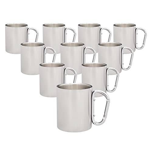 Discount Promos Stainless Steel Mugs With Carabiner Handle 10 Oz. Set Of 10, Bulk Pack - Perfect For Coffee, Soda, Other Hot & Cold Beverages - Silver #TOP4
