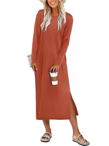 ANRABESS Long Sleeve Midi Dresses for Women Fall Fashion Casual Vacation Crewneck Loose Split Striped Long Tshirts Dress Brick Orange XL