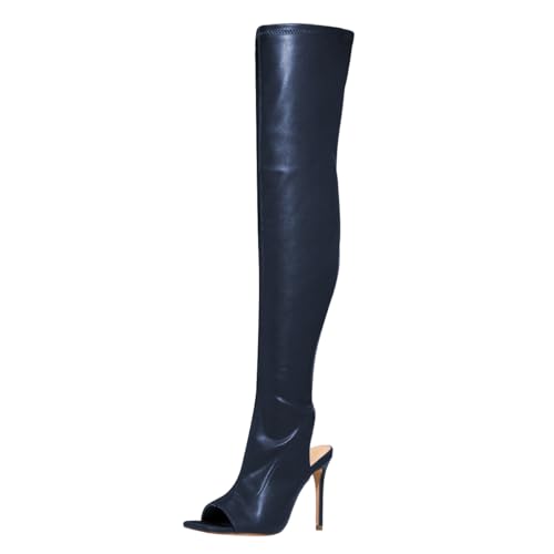 FOWT Women Square Open Toe Over The Knee High Boots Stiletto High Heel Long Boots Sexy Backless Party Fashion Shoes Size 4-16 US