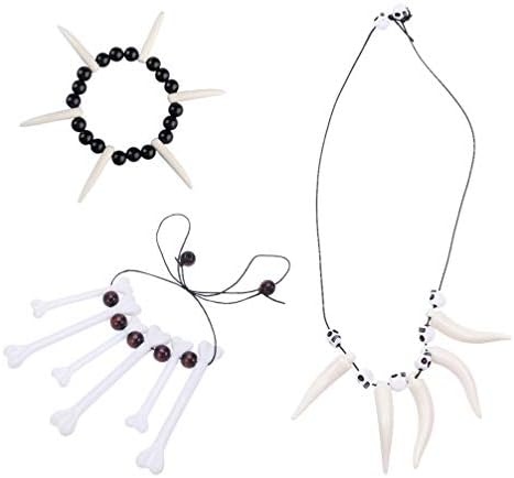 Amosfun 3pcs Halloween Jewelry Bone Necklace Sabre Tooth Necklace and Bracelet Costume Fancy Dress for Women Men