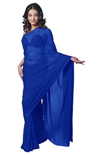 Women's Bollywood Chiffon Plain Sari Festival Uniform Saree Wrap Fabric Unstitched Blouse Piece Party Wear (Royal Blue)