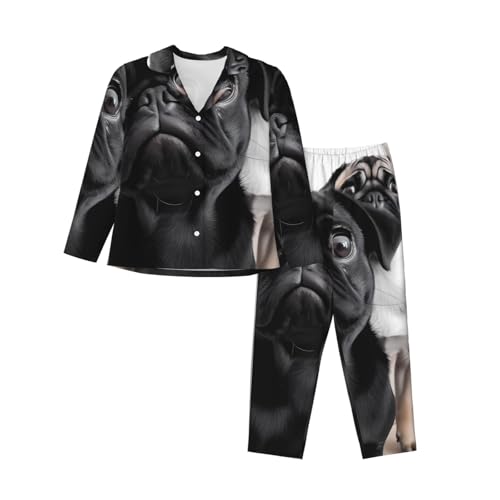 RLDOBOFE Schlafanzug-Set mit niedlichem Mops-Motiv, 2-teilig, langärmelig, Nachtwäsche, modisch, Knopfleiste, weich, Lounge-Set, Schwarz , L