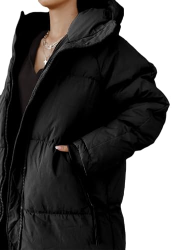 Tankaneo Damen Lange Wintermantel mit abzippbarer Kapuze Langarm Puffer Gesteppter Mantel Funktionsjacke in Daunenoptik Winter Oberbekleidung,Schwarz,XL