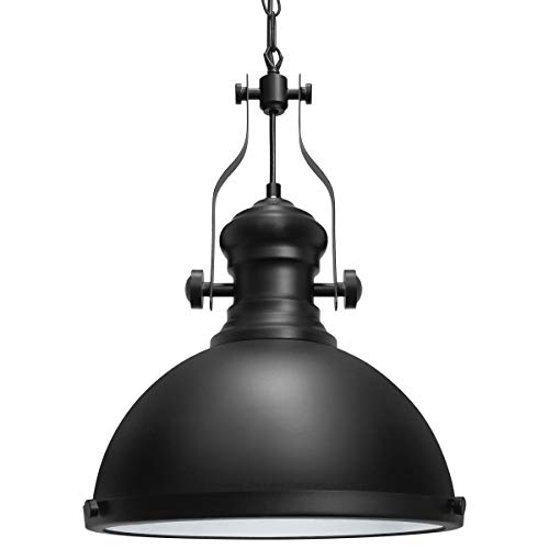Image of Long Life Lamp Company Large Industrial Nautical Pendant Ceiling Light with Opaque Diffuser Black Metal Adjustable Dome Lampshade M0146-F Includes 9w E27 Warm LED Stick