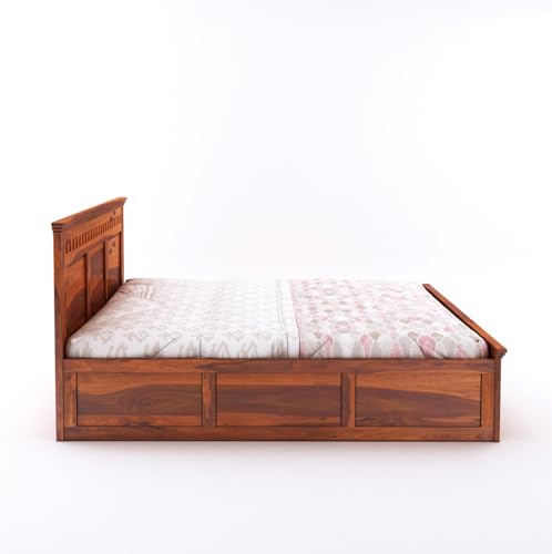 Image of Wooden Queen Size Bed with Storage Box Solid Wood Foldable for Bedroom | Wooden Folding Cot Queen Size Bed Frame (Queen Size, Honey Finish, 1 Piece)