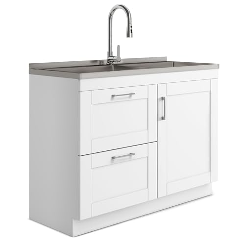 Image of SIMPLIHOME Modern Wide Shaker 46 inch Wide Stainless Steel Sink Laundry Cabinet