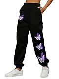SOLY HUX Women's Butterfly Print Drawstring High Waisted Sweatpants Joggers Pants Butterfly Graphic Black S