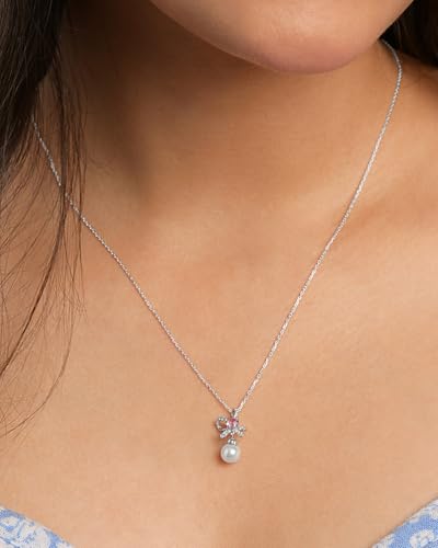 Image of Clara 925 Sterling Silver Pearl Pendant Necklace with Chain | Platinum Plated | Minimal Daily Wear | Gift for Women & Girls