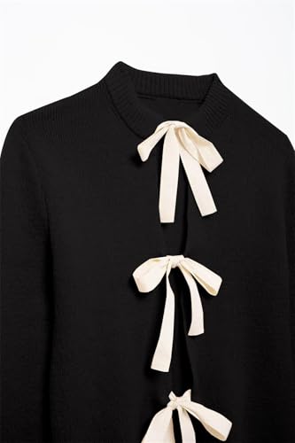Tie Front Cardigan Sweaters for Women Y2K Bow Tie Open Front Cardigans Crewneck Long Sleeve Sweaters2