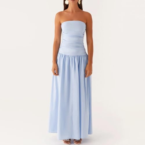 Image of Women Tube Top Maxi Dress Summer Strapless Backless Bodycon Long Bandeau Dress Elegant Off Shoulder A Line Dresses