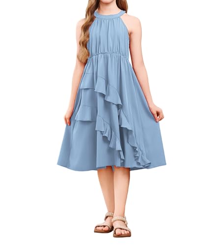 Tweenager Tween Fashion Girls Summer Light Baby Sky Blue Sleeveless Halter Neck Ruffle Midi Flowy A Line Dress Preteen Girl Wedding Party Graduation Birthday Prom Tutu Dresses for Kids