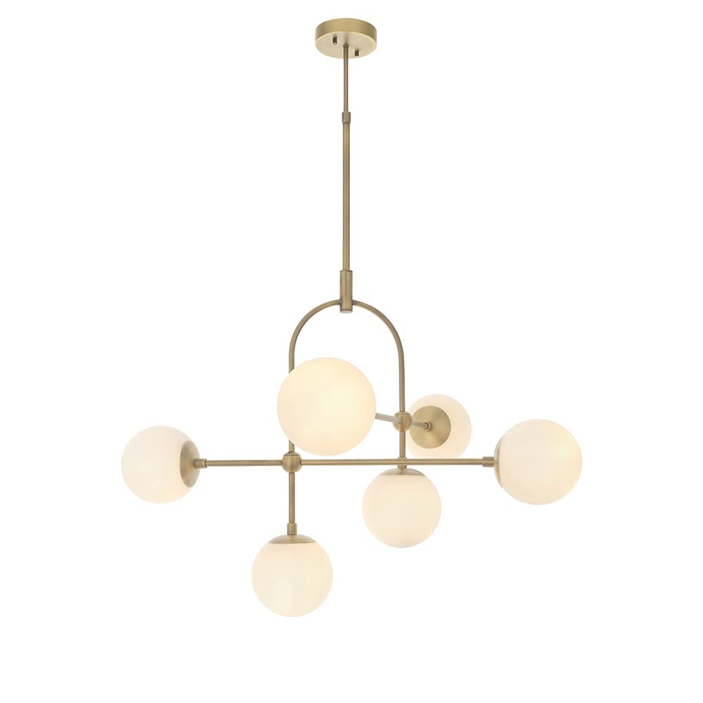 Antique Brass Multi Arm Ceiling Light & Opal Glass Shade 6 Bulb Hanging Pendant | Steel & Glass Construction - Bulb Not Included - Requires 6 X 7W LED E14 - Lumens - Dimmable Lighting