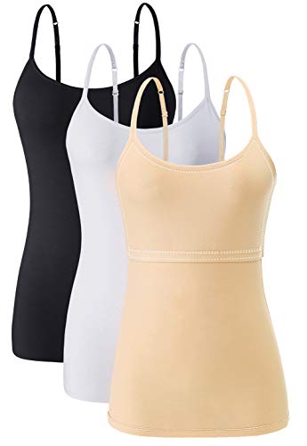 Orrpally Women Cotton Camisole Shelf Bra Cami Tank Tops Adjustable Spaghetti Strap Tank Top 3-Pack Black/White/Apricot M