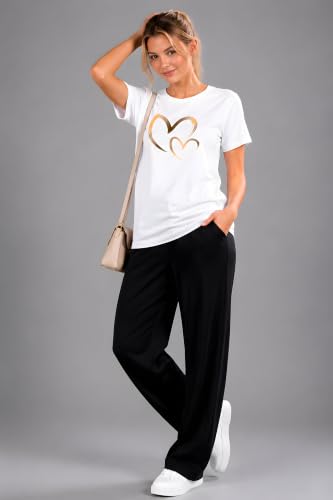 Image of ELVIA Women's Pure Cotton Top and Pyjama Co-Ord Set | Double Heart Graphic Printed Night Suit | Regular Fit Half Sleeve Round Neck T-Shirt with Pajama Sleepwear Loungewear Set