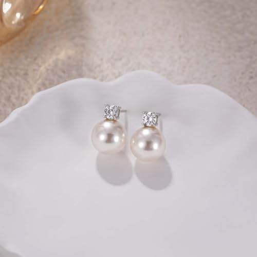 Mameloly Pearl Earrings for Women Dainty 925 Sterling Silver Cubic Zirconia CZ 10MM Simulated White Pearl Stud Drop Engagement Wedding Birdal Earrings Hypoallergenic2