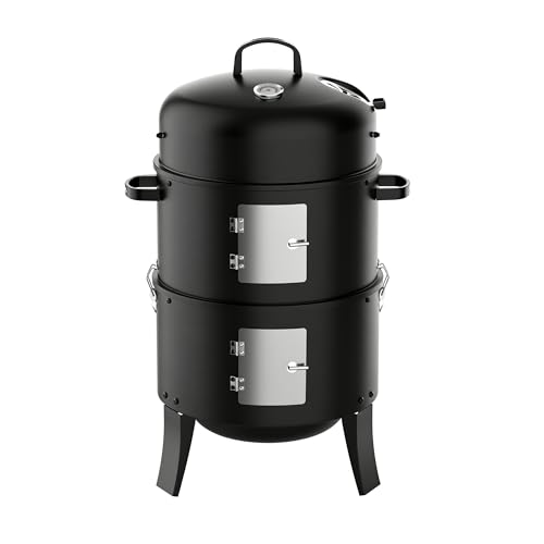 KEYO GRILL 18 Inch Vertical Charcoal Smoker, 3-in-1 Heavy Duty Outdoor BBQ Grill with Thermometer, Portable Camping Barbecue Grill for Garden Patio Beach Backyard