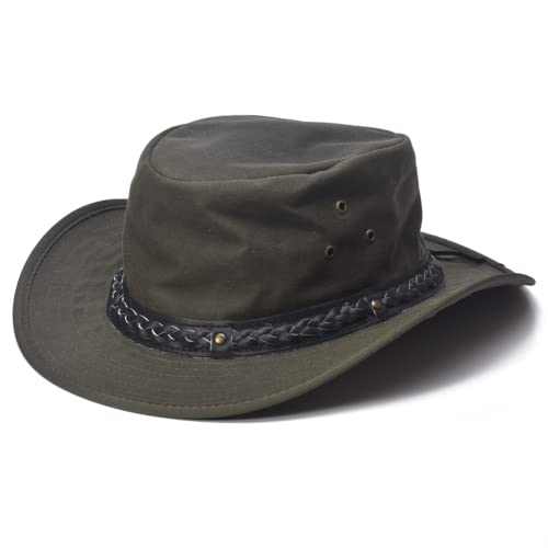 Image of Olive Oil Skin Wax Cotton Fedora Aussie Style Bush Hat with Braided Leather Trim (XL)