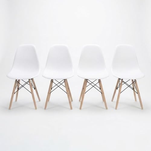 DASCK Pack 4 Sillas Nordicas de Comedor Estilo Escandinavo | Patas Haya Natural | Polipropileno Ergonomico | Carga 120 kg por Silla (Blanco)