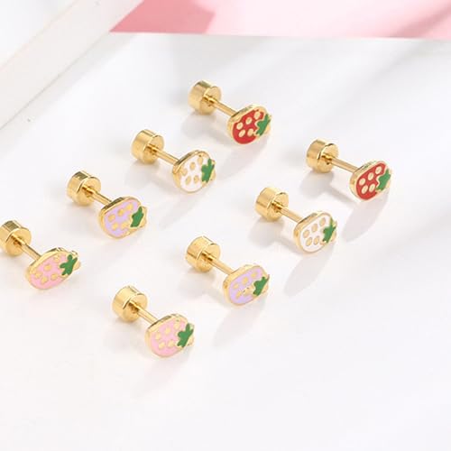 18g Tiny Strawberry Stud Earrings Flat Back for Women Teen Girls 14k Gold Plated Surgical Stainless Steel Hypoallergenic Cute Small Enamel Fruits Cartilage Tragus Screw Back Piercing Sensitive Ear Jewelry4