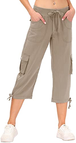 JINSHI Pantalones Mujer Cargo Pantalón de Verano 3/4 Largos Capri Pant Deportivo con Bolsillos Caqui M Cover