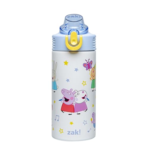 Zak Designs Peppa Pig Sage Kids Water Bottle For School or Travel, 14oz Stainless Steel Water Bottle With Straw, Handle, and Leak-Proof, Pop-Up Spout Cover (Peppa & Friends)