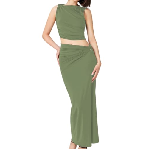 Women's Casual Ribbed Knit Two-Piece Set Crew Neck Short Sleeve Top Draped Ruched Midi Skirt Green XL