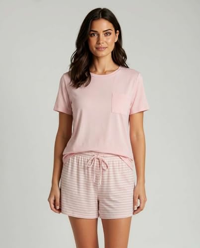 Image of Real Essentials 2 Pack: Women's Short Sleeve Pajama Short Set - Comfy Lightweight Soft Lounge Sleepwear (Plus