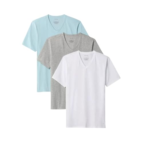 Calvin Klein Men's V-Neck T-Shirts, 3-Pack, Light Blue, Grey, White, Short Sleeve, Cotton - 3 Pack (US, Alpha, Medium, Regular, Regular)