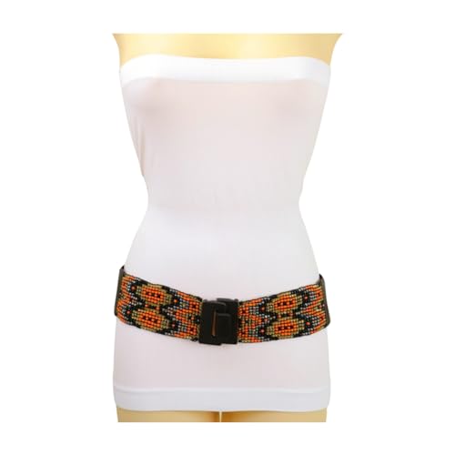 Women Ethnic Fashion Elastic Band Orange Gold Beads Belt Hip Wood Buckle S M2