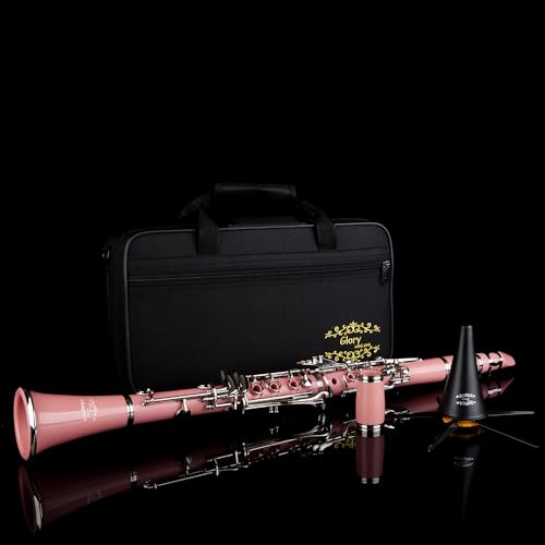 Image of Glory GLY-CLAPK Professional Ebonite Bb Clarinet with 10 Reeds, Stand, Hard Case, Cleaning Cloth, Mouthpiece Brush and Pad Brush,Pink /Silver