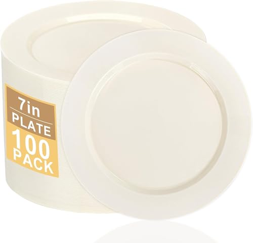 I00000 100 Pc Ivory Plastic Plates,7inch Cream Dessert Plates, Elegant Disposable Plate Perfect for Christmas Wedding, Baby & Bridal Shower or Party (100 Guests)