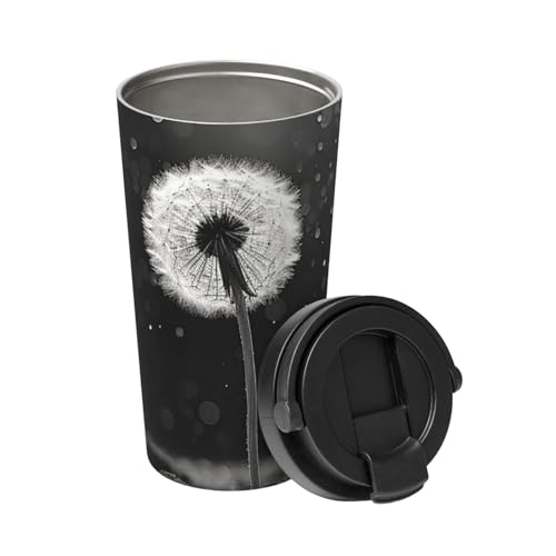 LHCVSFGW Taza de café aislada con asa y tapa a prueba de fugas, vaso de viaje, diente de león, acero inoxidable blanco y negro, taza de viaje de doble pared al vacío, vaso de café reutilizable para