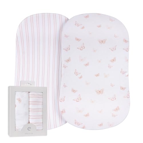 Image of Ely’s & Co. Bassinet Sheets, Baby Girl Fitted Bassinet Mattress Sheet Set - 2 Pack, 100% Jersey Knit Cotton, fits Oval, Hourglass and Rectangle Mattress, Pink Butterly + Stripe, 32”x16”x3”