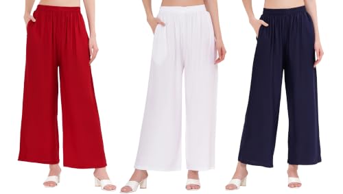 Image of Buy That Trendz Palazzo Pants for Women Rayon Elasticated Regular Fit Flared Wide Leg M to 6XL Pack of 3