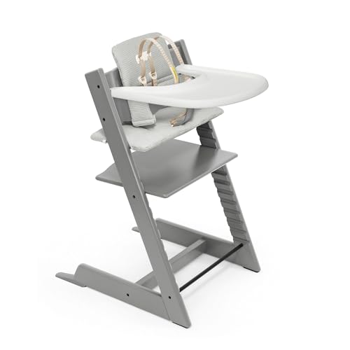 Image of Stokke Tripp Trapp High Chair and Cushion with Tray - Storm Grey with Nordic Grey - Adjustable, Convertible, All-in-One High Chair for Babies & Toddlers