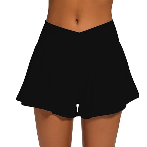 Womens Crossover Athletic Shorts Wide Waistband Flowy Tennis Sports Skorts with Pockets