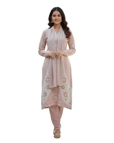 Image of KTI Full Sleeve Knee Length Floral Design Woolen Fabric 3 PC Kurti Set for Women Art NO-94164