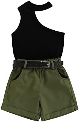 GOOCHEER Little Toddler Baby Girl Off Shoulder Knit Sleeveless T-Shirt Tank Vest Tops Shorts Pants +Belt Kids Summer Clothes Set (Black+Army Green, 1-2T)