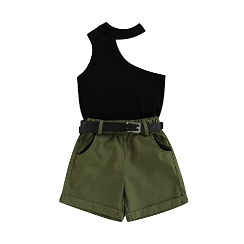 Goocheer Little Toddler Baby Girl Off Shoulder Knit Sleeveless T-Shirt Tank Vest Tops Shorts Pants +Belt Kids Summer Clothes Set (Black+Army Green, 1-2T) #TOP8