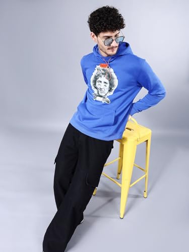 Image of The Indian Garage Co Men Blue Relaxed Fit Placement Printed Overhead Hooded Sweatshirt