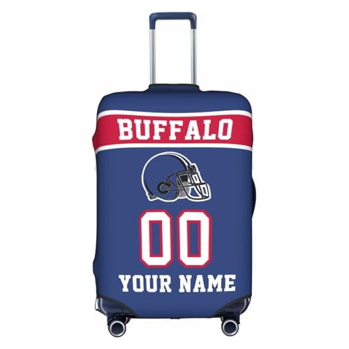 Image of Custom Buffalo Luggage Cover Personalized Football Style Suitcase Cover with Name Number Customized Washable Elastic Sports Travel Suitcase Protector for Business Vacation Gifts