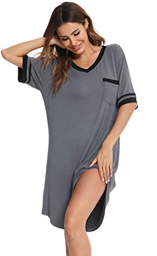 Vlazom Women's Sleep Shirt Nightgown Short Sleeve V Neck Night Shirts Sleepwear Dark Grey Size Xx-Large #TOP4