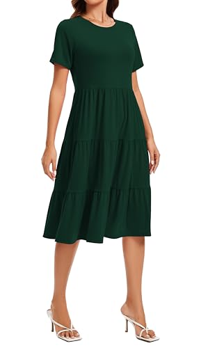 Image of Womens Summer Short Sleeve Crew Neck Midi Dress 2026 Casual Fit Flowy Tiered Beach Vacation Sundress with Pockets