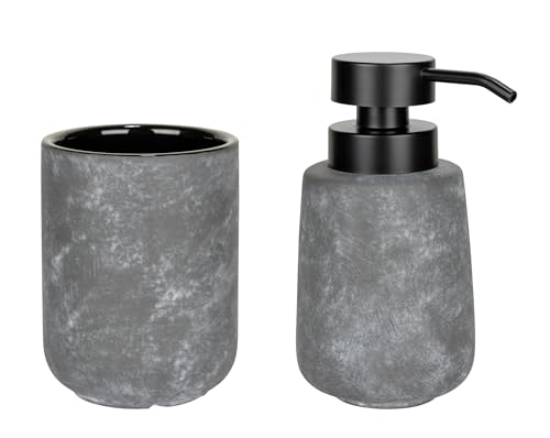 Seifenspender Mod. Sacile freistehendes Bad-Accessoire Set aus Keramik für Bad Deko und Badezimmer Zubehör Ø 9 x 16 cm Grau/Schwarz 0,4 l