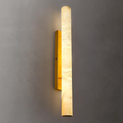 Image of Brass Alabaster Wall Sconces, Spanish Natural Marble Wall Sconce, 36 inch Long Stone Wall Sconce Dimmable, Gold Alabaster Sconces Wall Lighting Indoor, Marble Wall Light for Bathroom, Living Room, 1PC